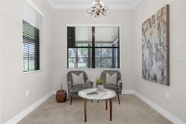 living area featuring crown molding, light colored carpet, and a chandelier