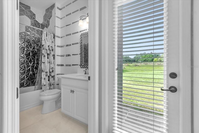 full bathroom featuring toilet, shower / bathtub combination with curtain, plenty of natural light, and vanity