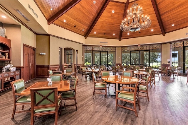 dining space with high vaulted ceiling, beam ceiling, wood-type flooring, and wooden ceiling