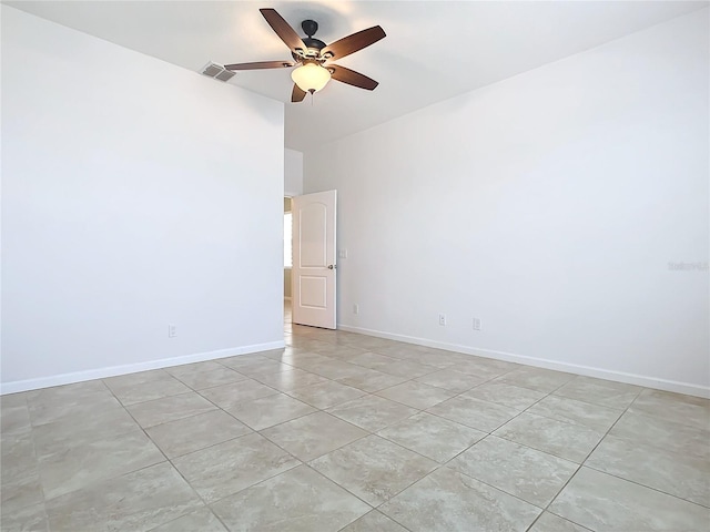 unfurnished room featuring visible vents, ceiling fan, and baseboards