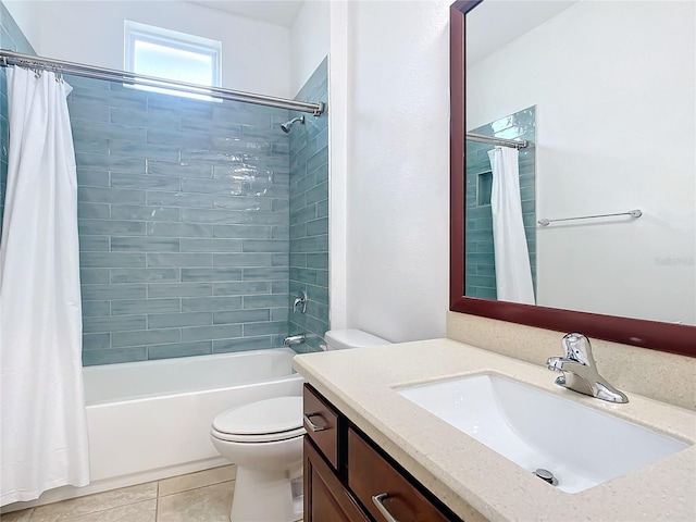 bathroom with shower / bath combination with curtain, tile patterned flooring, vanity, and toilet