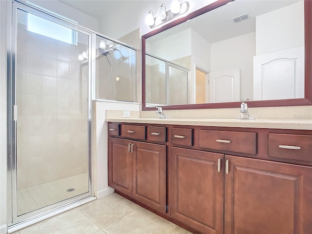 full bathroom with double vanity, visible vents, tile patterned flooring, a shower stall, and a sink