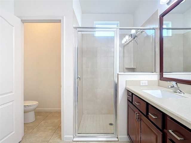 bathroom with toilet, a stall shower, tile patterned flooring, and a wealth of natural light