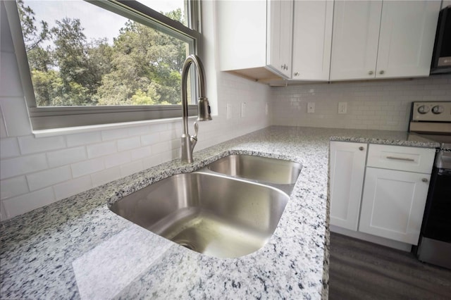 kitchen with white cabinetry, decorative backsplash, sink, light stone counters, and dark hardwood / wood-style floors