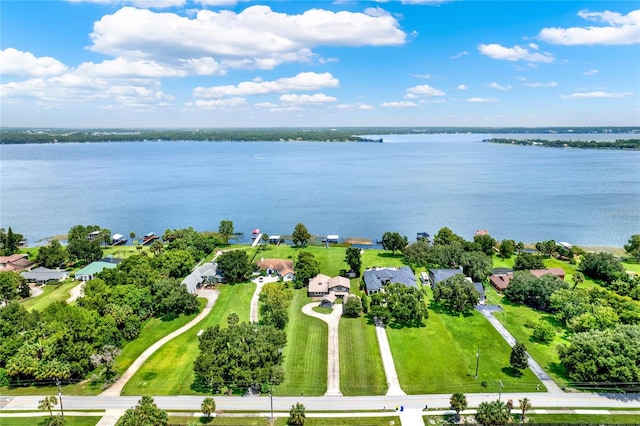 drone / aerial view with a water view