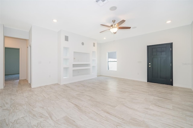 unfurnished living room featuring built in features, light tile patterned flooring, and ceiling fan