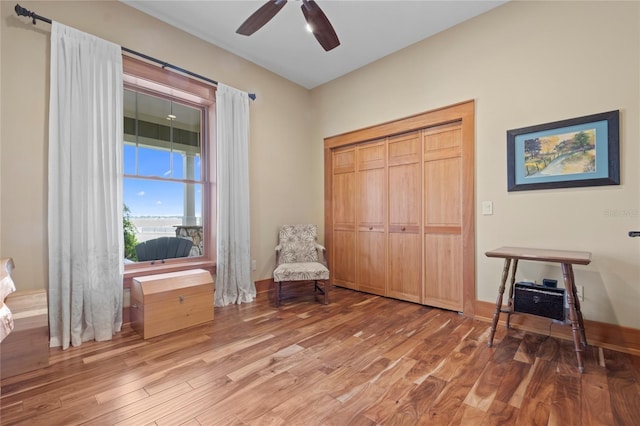 unfurnished room with hardwood / wood-style flooring and ceiling fan