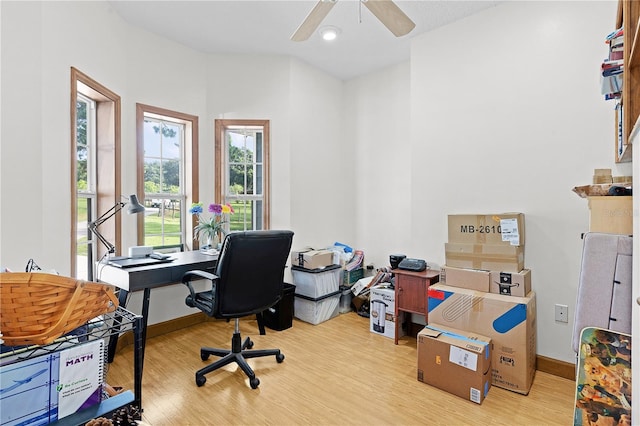 office space featuring light hardwood / wood-style floors and ceiling fan