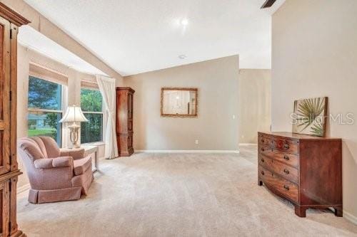 6435 Borg St, Leesburg, FL 34748 - living area featuring light carpet, baseboards, and vaulted ceiling