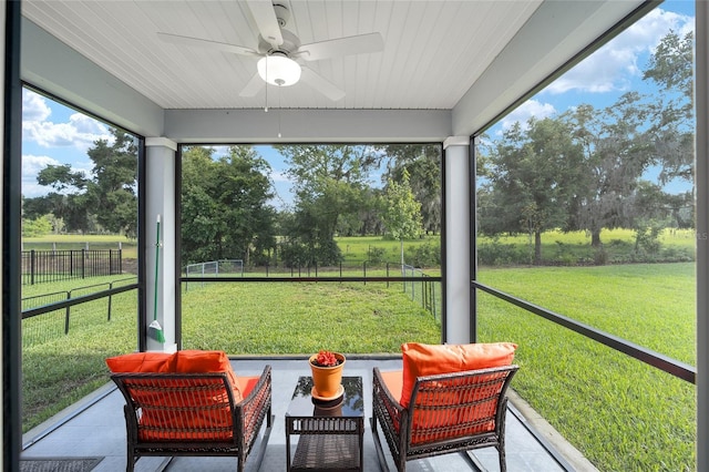 sunroom / solarium featuring wood ceiling, ceiling fan, and a healthy amount of sunlight