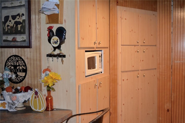 kitchen featuring wood walls and light brown cabinets