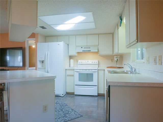 kitchen featuring a kitchen bar, sink, white cabinetry, white appliances, and range hood