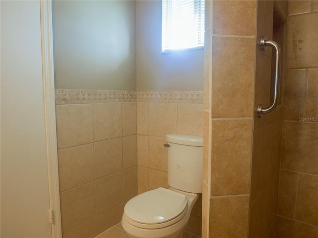 bathroom featuring toilet, tile walls, and a shower