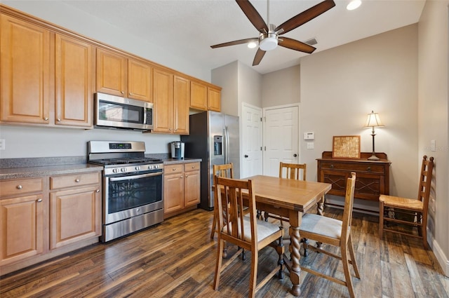 kitchen featuring light brown cabinetry, stainless steel appliances, dark hardwood / wood-style floors, and ceiling fan