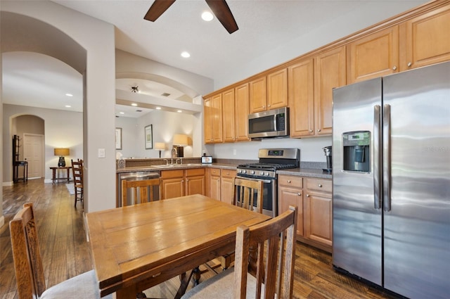 kitchen with sink, dark wood-type flooring, ceiling fan, appliances with stainless steel finishes, and light brown cabinets