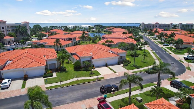 aerial view featuring a water view