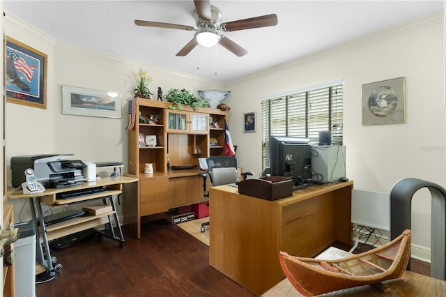 office area featuring crown molding, ceiling fan, and dark hardwood / wood-style flooring