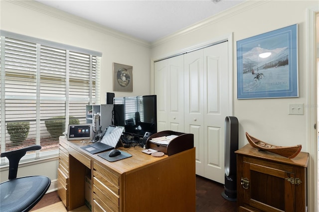 office area with dark wood-type flooring and ornamental molding