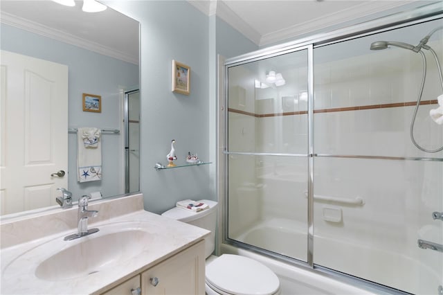 full bathroom featuring ornamental molding, vanity, shower / bath combination with glass door, and toilet