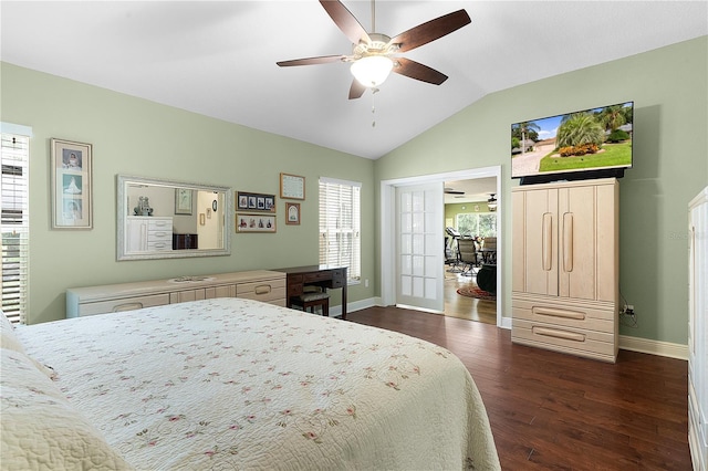 bedroom featuring dark wood-type flooring, french doors, ceiling fan, and vaulted ceiling