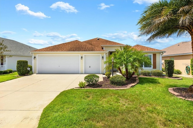 view of front facade with a front yard and a garage