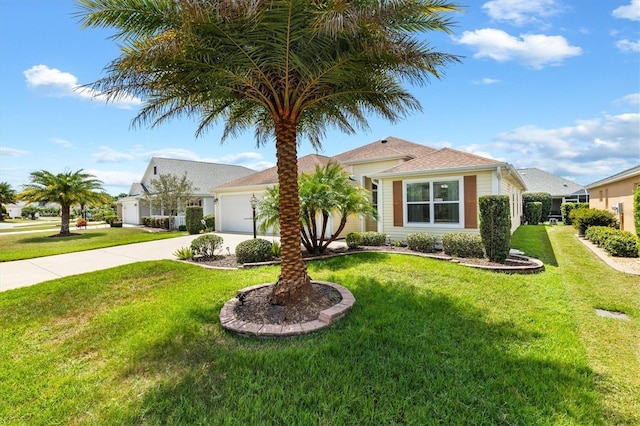 view of front of property featuring a garage and a front lawn