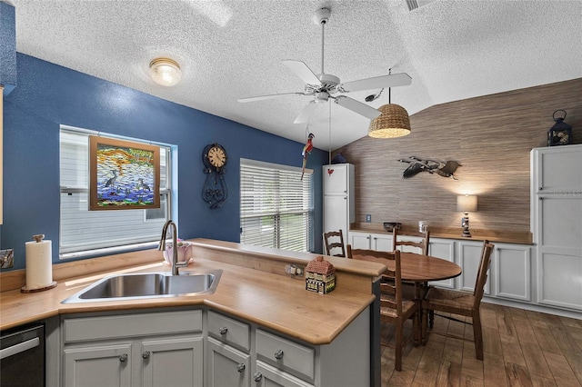 kitchen with lofted ceiling, sink, ceiling fan, black dishwasher, and dark hardwood / wood-style flooring