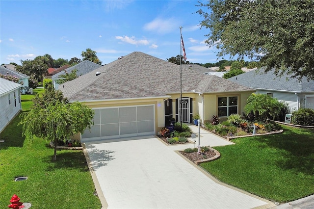 ranch-style house with a garage and a front lawn