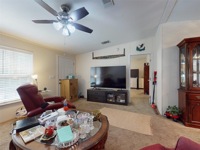 living room with carpet floors and ceiling fan