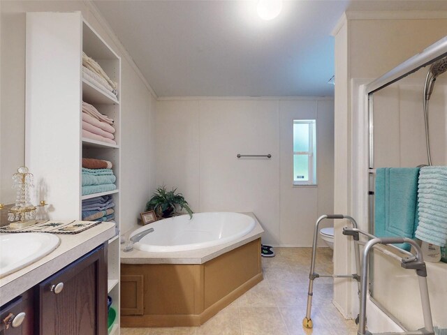 full bathroom featuring vanity, plus walk in shower, toilet, and tile patterned floors