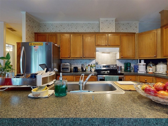 kitchen featuring ornamental molding, appliances with stainless steel finishes, decorative backsplash, and sink