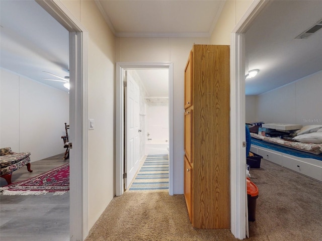 corridor with carpet floors and ornamental molding