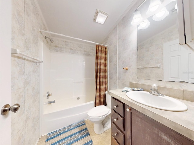 full bathroom featuring tile patterned flooring, tile walls, shower / bath combo, toilet, and vanity