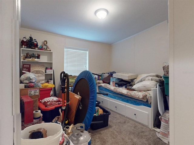 bedroom featuring crown molding and carpet flooring