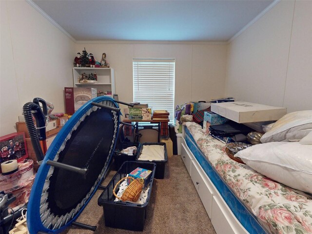 bedroom with carpet floors and ornamental molding