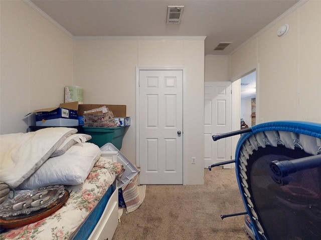 bedroom featuring light carpet and ornamental molding