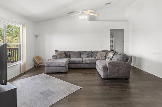 living room with lofted ceiling, dark hardwood / wood-style flooring, and ceiling fan