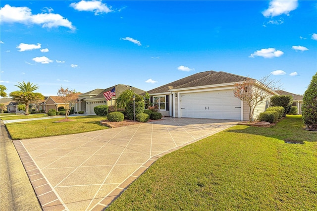 single story home with a front lawn and a garage