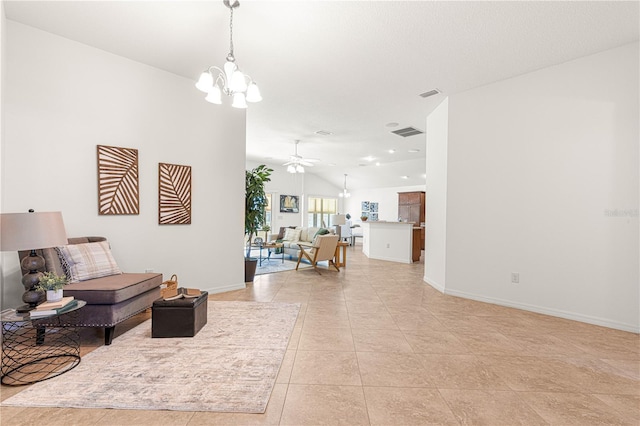 living room featuring light tile patterned floors, ceiling fan with notable chandelier, and vaulted ceiling