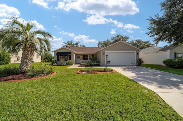 single story home featuring covered porch, concrete driveway, a front yard, and a garage