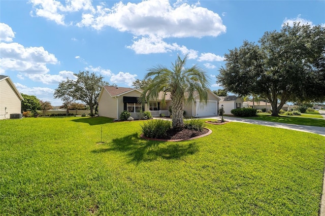 view of front facade with covered porch, concrete driveway, a front yard, and central air condition unit