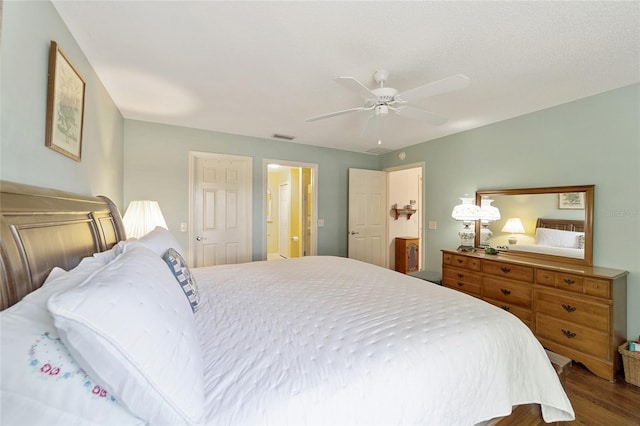 bedroom with ceiling fan and hardwood / wood-style floors