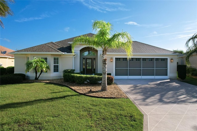 single story home featuring a garage, concrete driveway, a front lawn, and stucco siding