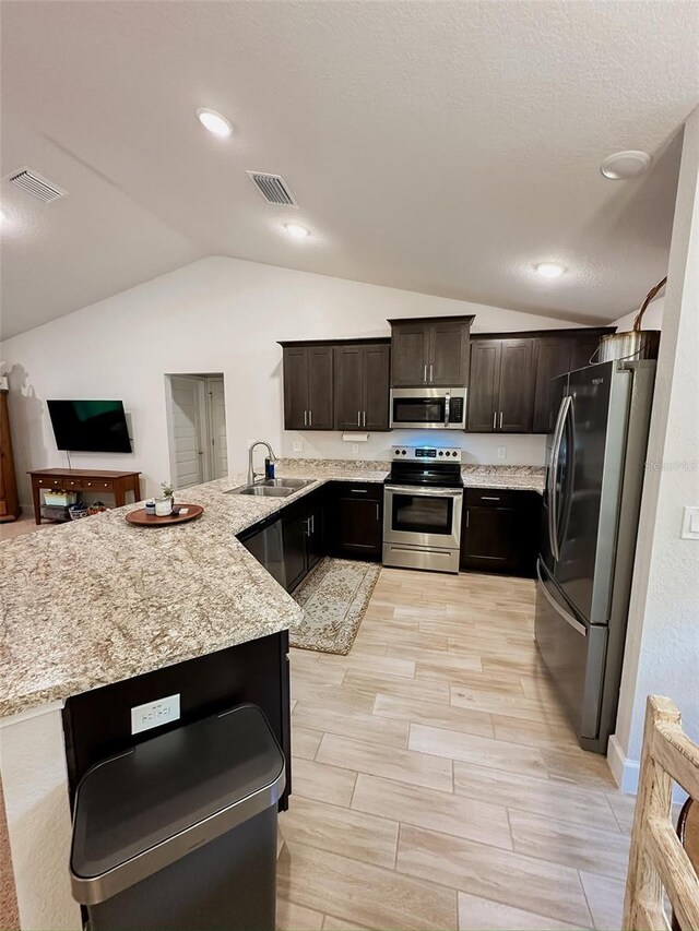 kitchen featuring vaulted ceiling, appliances with stainless steel finishes, sink, kitchen peninsula, and light stone countertops