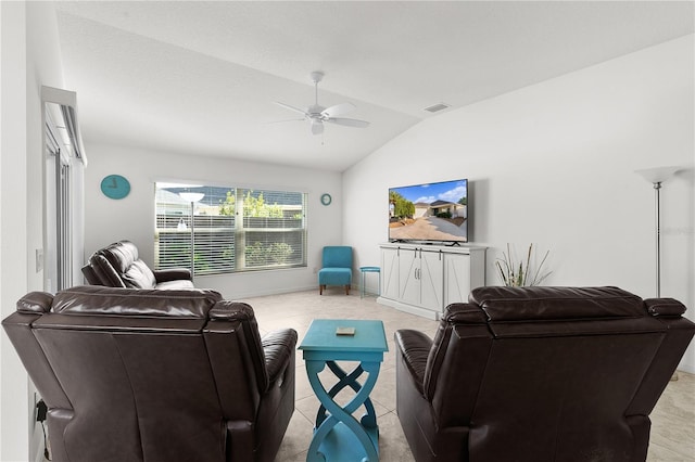 living room with lofted ceiling and ceiling fan