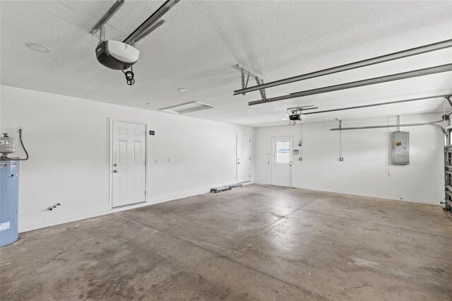 garage with a garage door opener, electric panel, and water heater