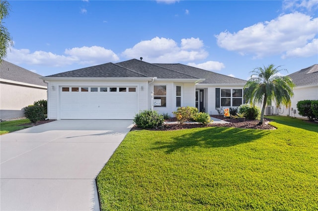 single story home featuring a garage, a front lawn, and central AC