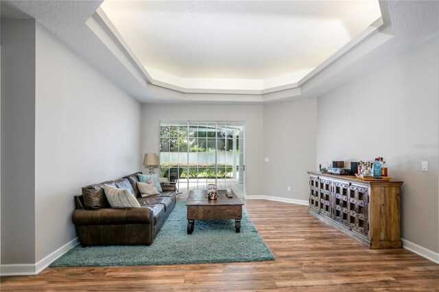 living room featuring wood-type flooring, a raised ceiling, and a textured ceiling