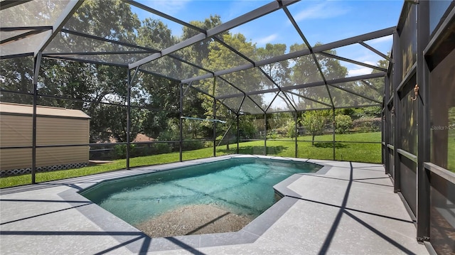 view of pool featuring a patio, a lanai, and a yard