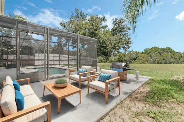 view of patio / terrace featuring a fenced in pool, a grill, an outdoor living space, and glass enclosure